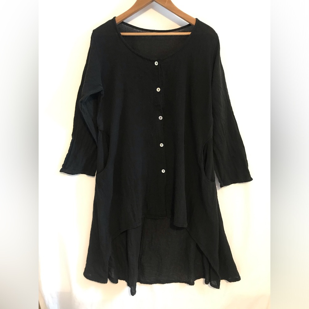 Baba Lagenlook Long Sleeve High Low Tunic Button Front sz M Black Open Knit Airy
